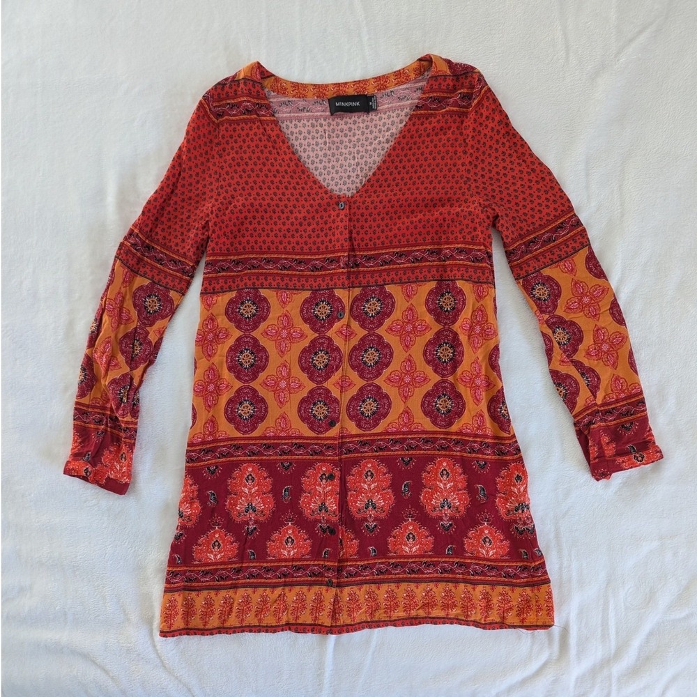 Long Sleeve Tunic Top Red Orange Paisley Floral Button Front Sz M Boho Festival